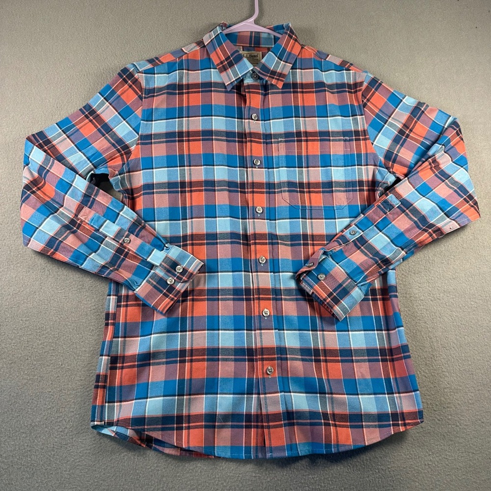 LL Bean Mens Slightly Fitted Plaid Cotton Button Down Shirt Blue Orange 513829 S